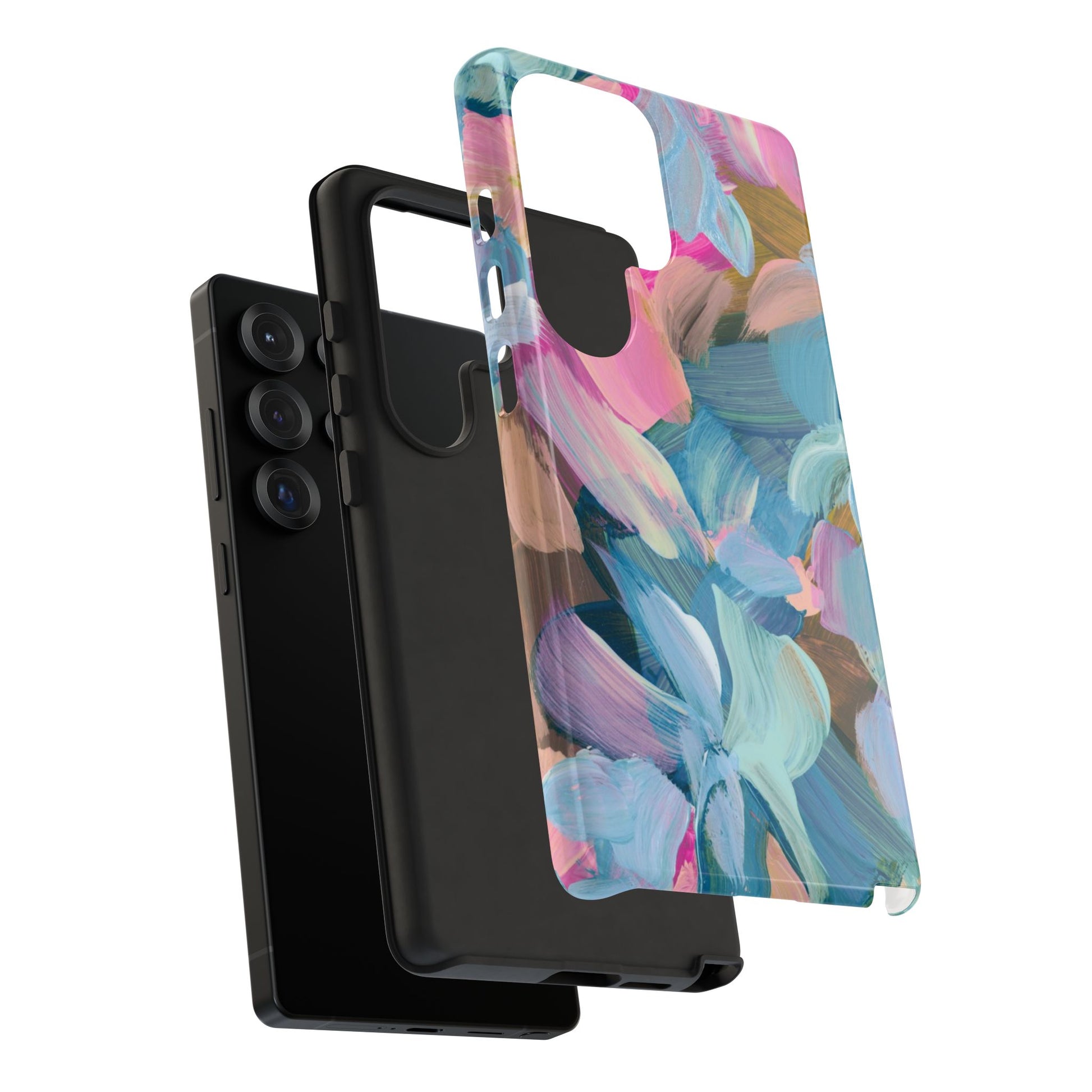 Vibrant abstract floral painting Samsung phone case displayed with black phone, showcasing unique and stylish design.