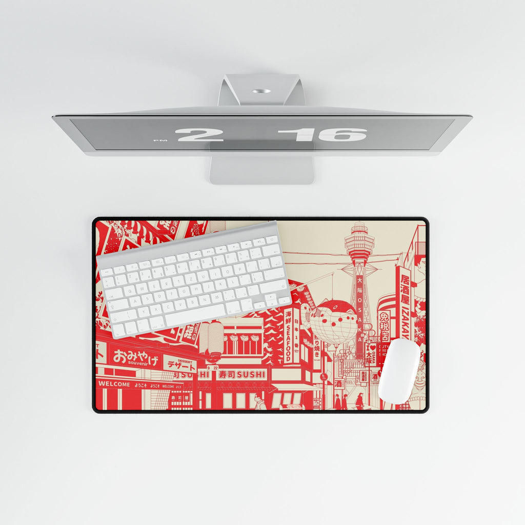 Japanese Cityscape Desk Mat - Red Osaka Street Scene Mouse Pad