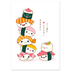 Cute illustrated sushi characters stacked into a playful tower, with smiling faces and the text “Happy Sushi Time” on a white background.
