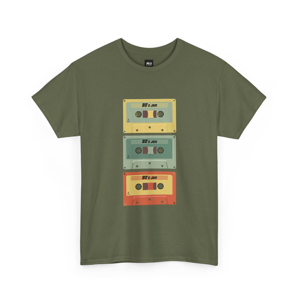 80's Jam Cassette Tape T-shirt featuring three colorful cassette tape designs on an olive green background.