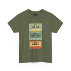80's Jam Cassette Tape T-shirt featuring three colorful cassette tape designs on an olive green background.