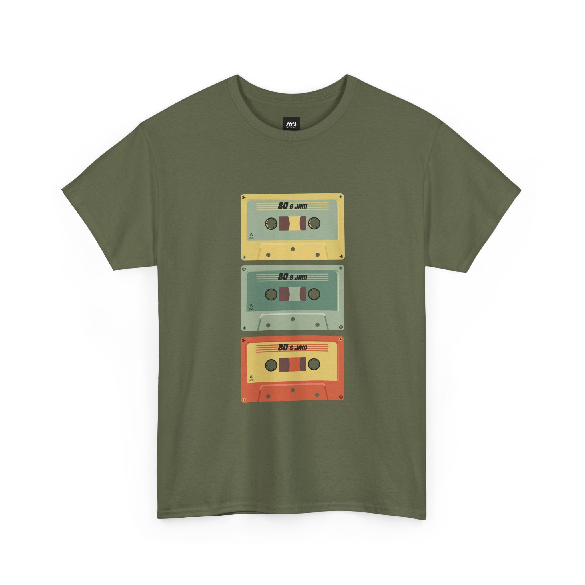 80's Jam Cassette Tape T-shirt featuring three colorful cassette tape designs on an olive green background.