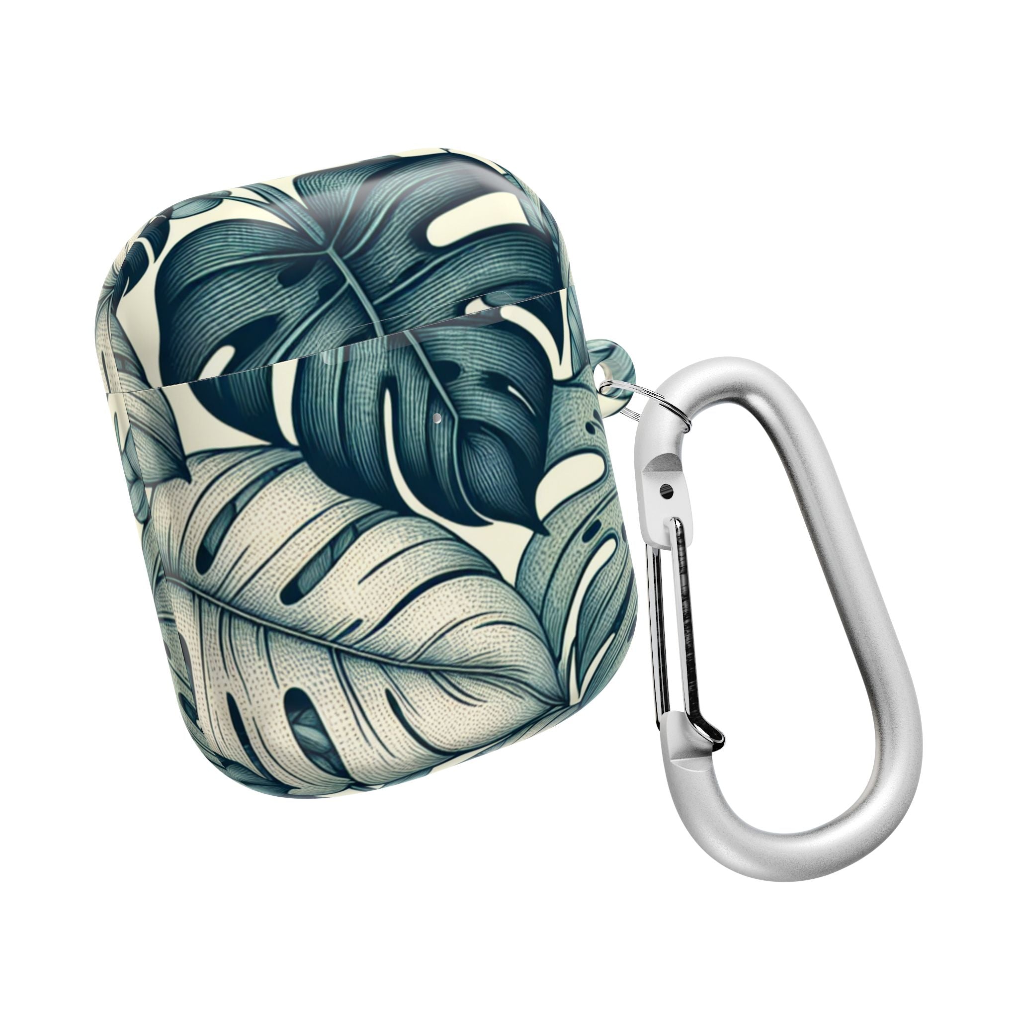 A close-up of a protective AirPods case with a tropical monstera leaf pattern in shades of blue-green and cream. The image captures the glossy finish and the intricate veining of the leaves.