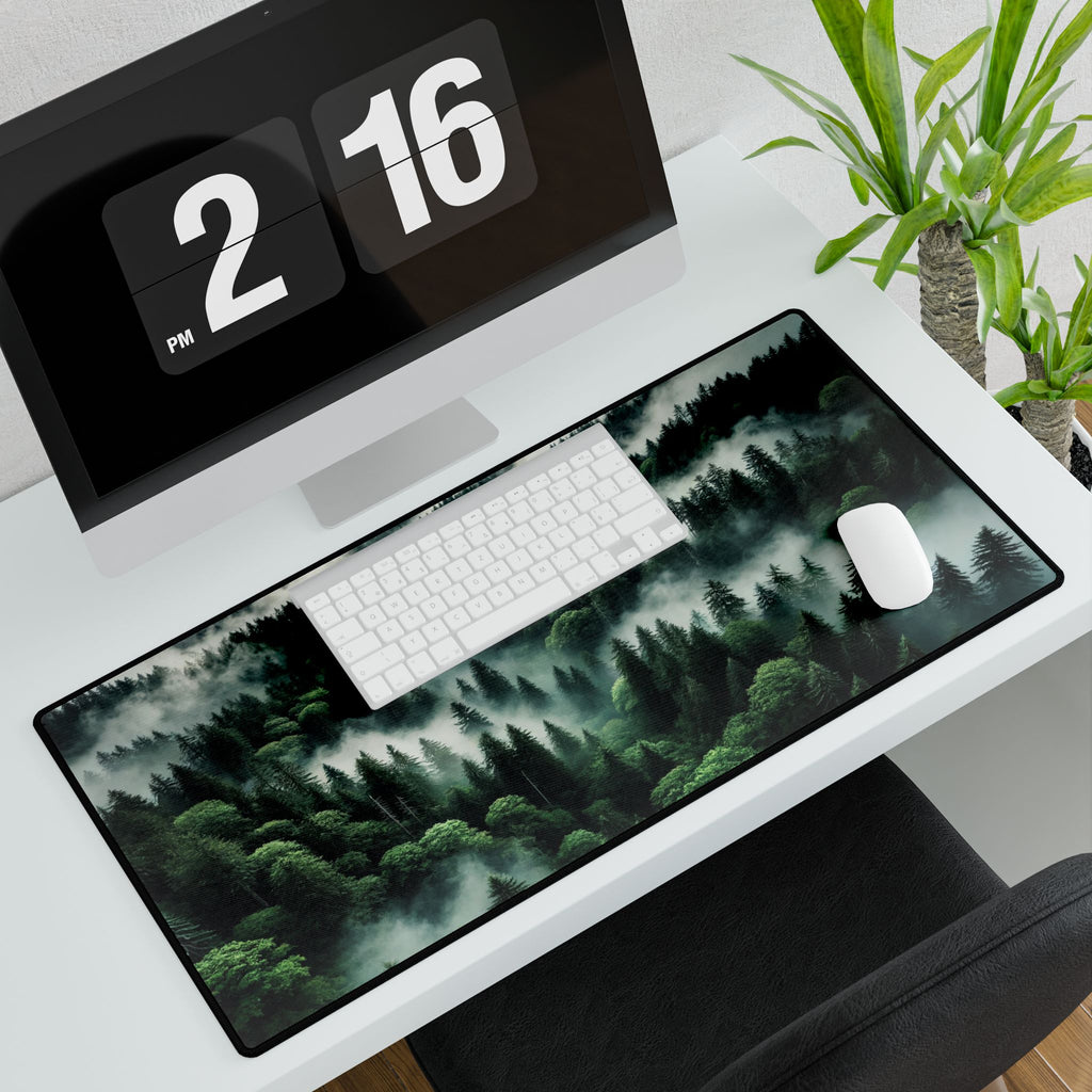 Desk setup with a computer, keyboard, mouse, and large decorative desk mat featuring a forest design.