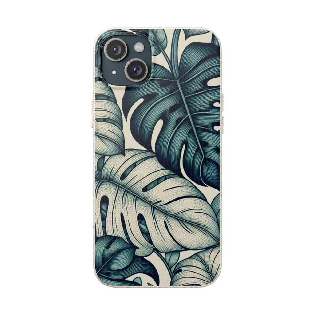 A full, straight-on view of an iPhone in a beige, speckled case with a teal and blue monstera leaf pattern. The case covers the entire back of the phone, and the dual camera lens cutout is visible in the top left corner.