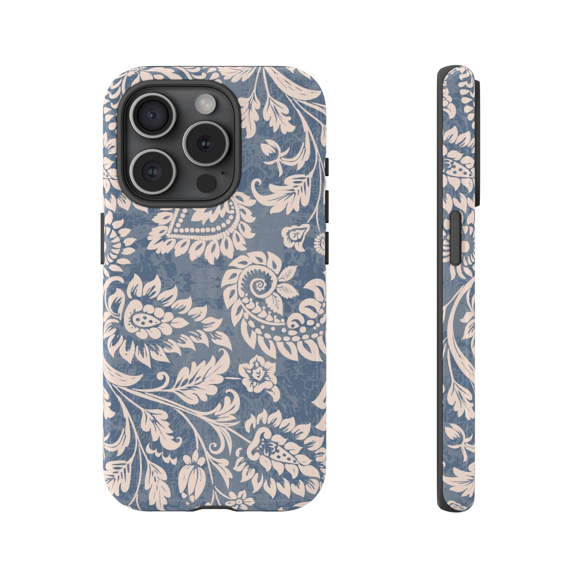 Blue Floral Pattern Tough Phone Case for iPhone 15 models