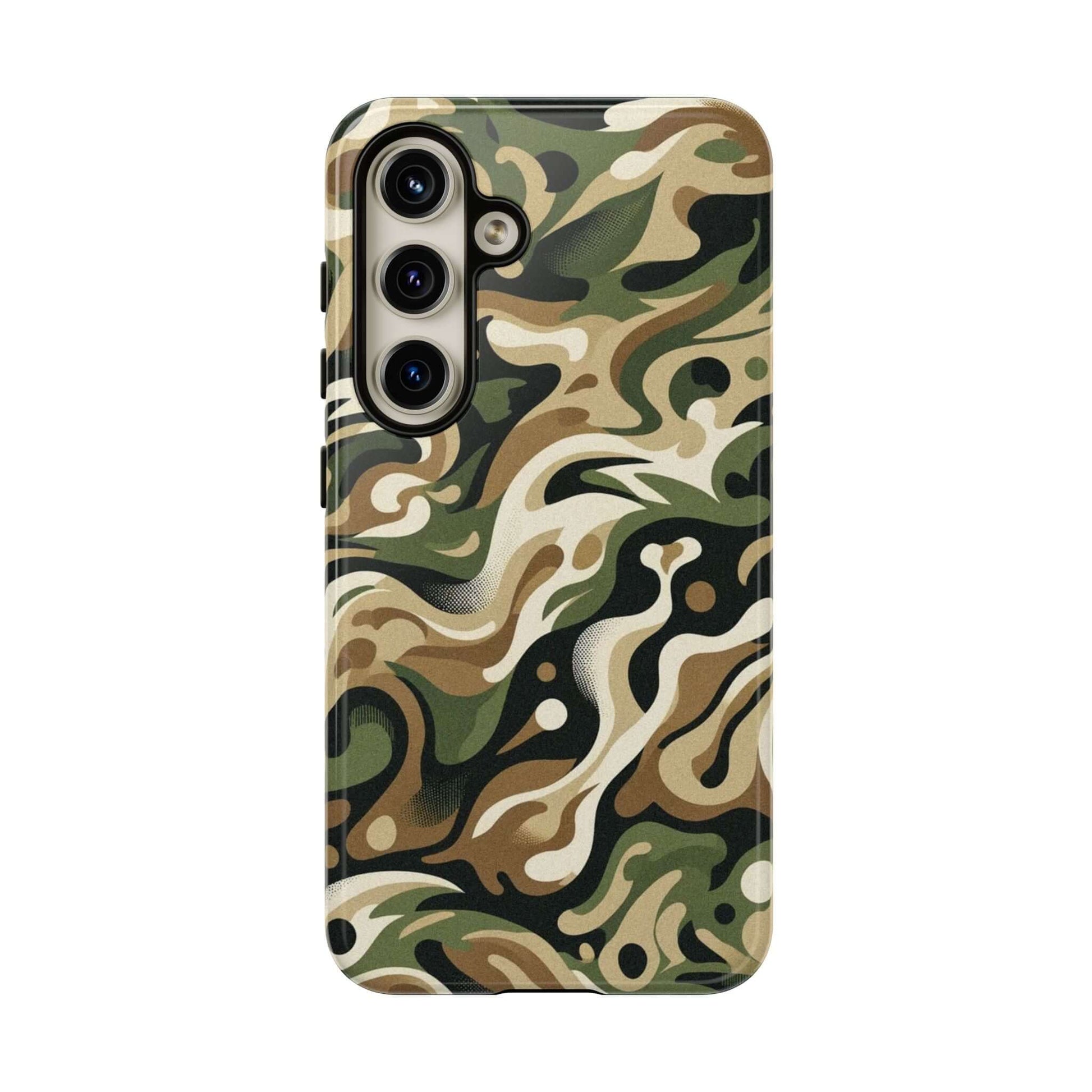 Camo Terrains Tough Samsung Phone Case featuring a stylish camouflage design for added protection, promoting More Coffee. Less Despresso.