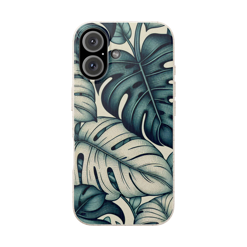 A full, straight-on view of an iPhone in a beige, speckled case with a teal and blue monstera leaf pattern. The case covers the entire back of the phone, and the dual camera lens cutout is visible in the top left corner.