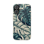 A full, straight-on view of an iPhone in a beige, speckled case with a teal and blue monstera leaf pattern. The case covers the entire back of the phone, and the dual camera lens cutout is visible in the top left corner.