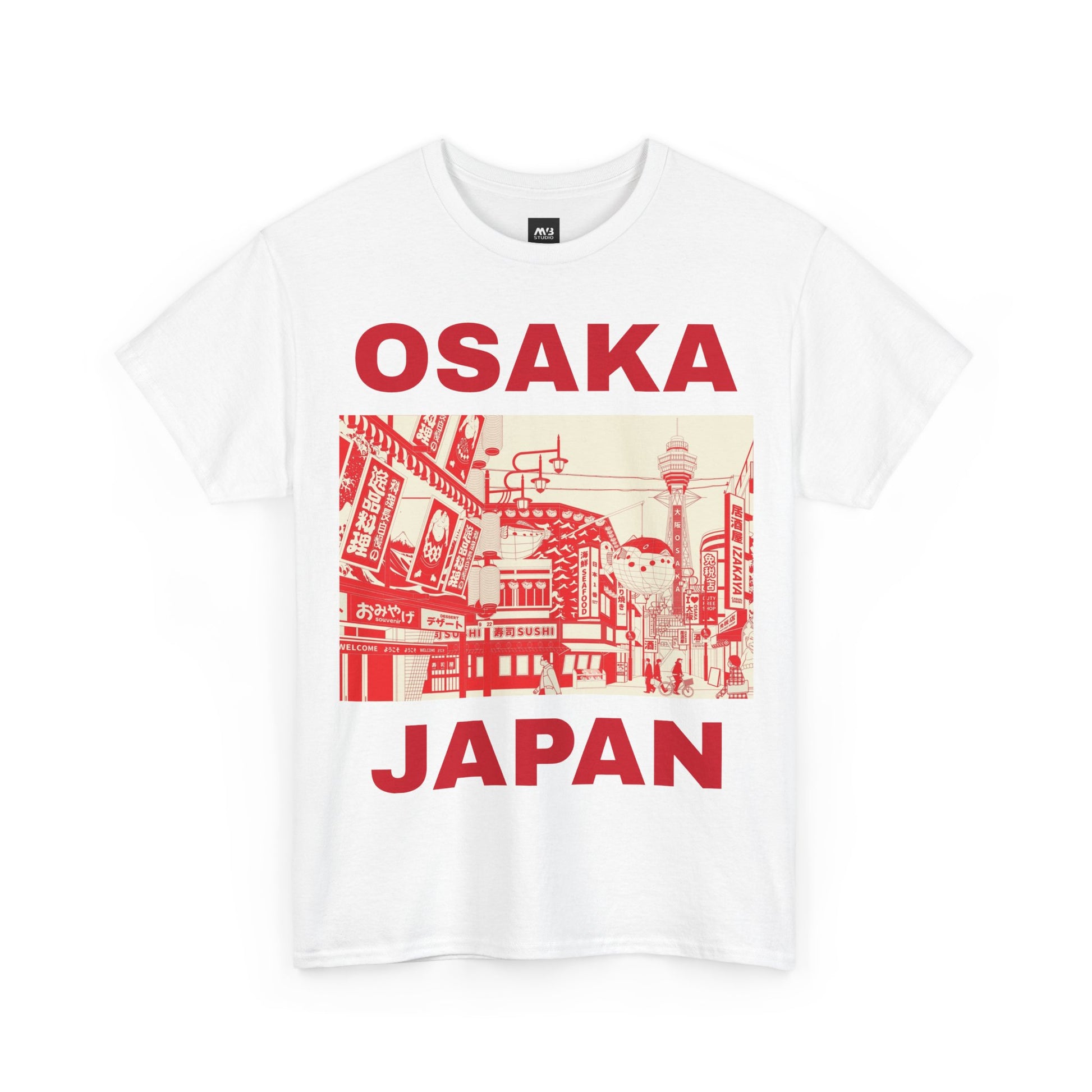 Osaka Japan graphic t-shirt featuring a cityscape design in red and white colors, ideal for casual wear.