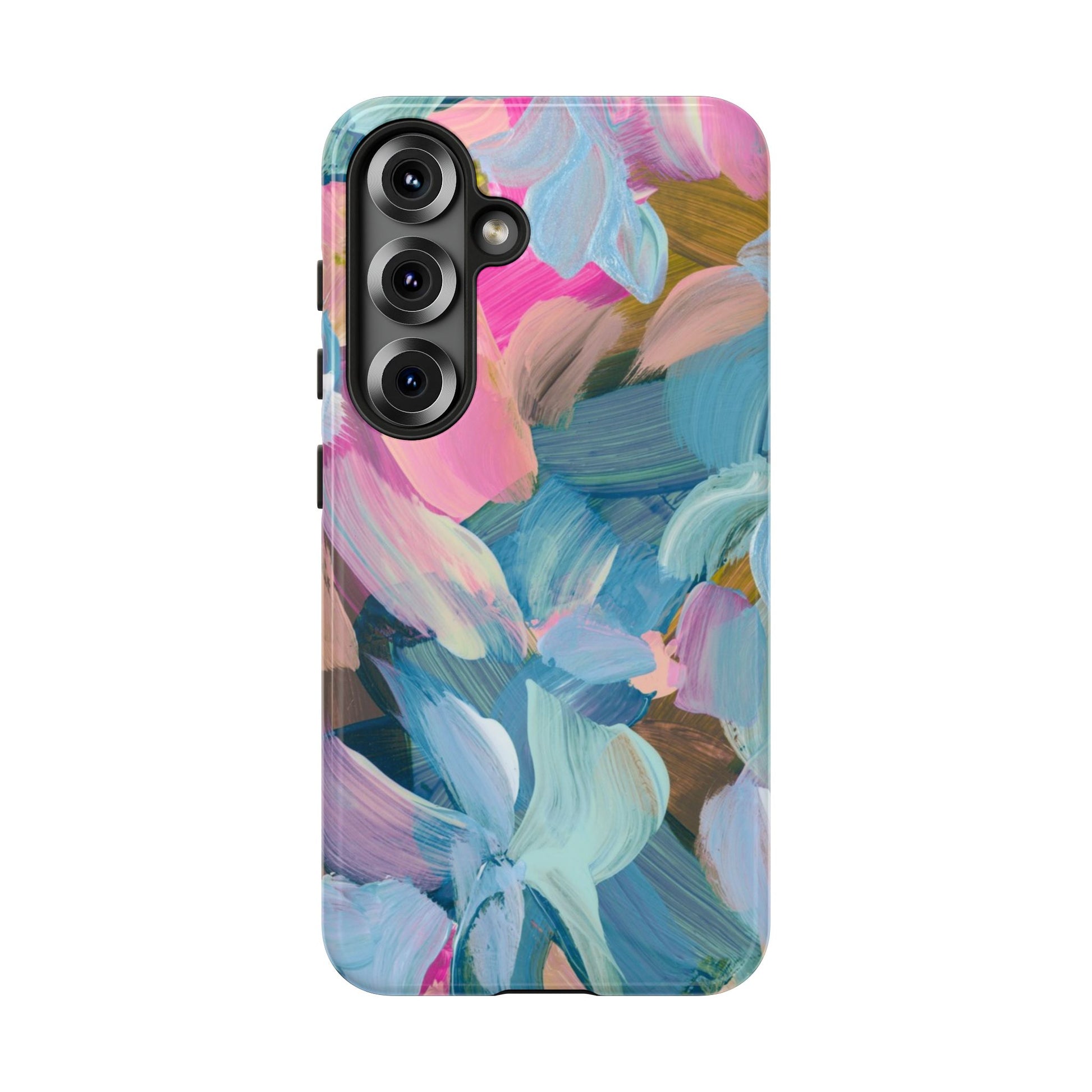 Colorful abstract floral painting on a Samsung phone case, showcasing vibrant artistic designs.