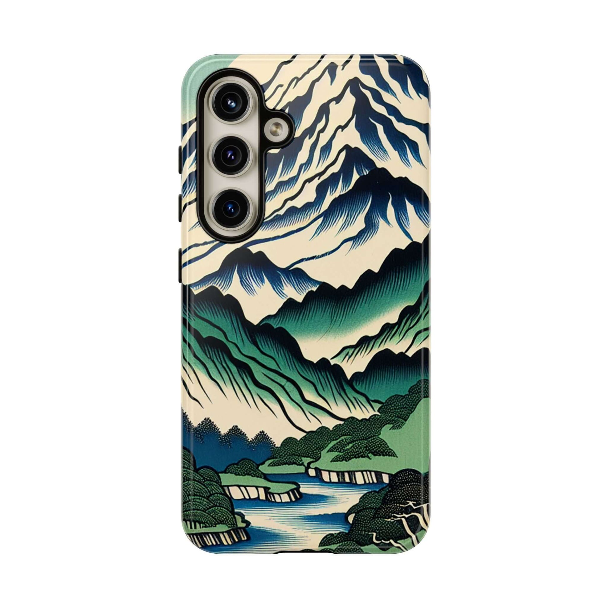 Stylish Japanese Mountain Tough Samsung Phone Case featuring scenic mountain and river design.