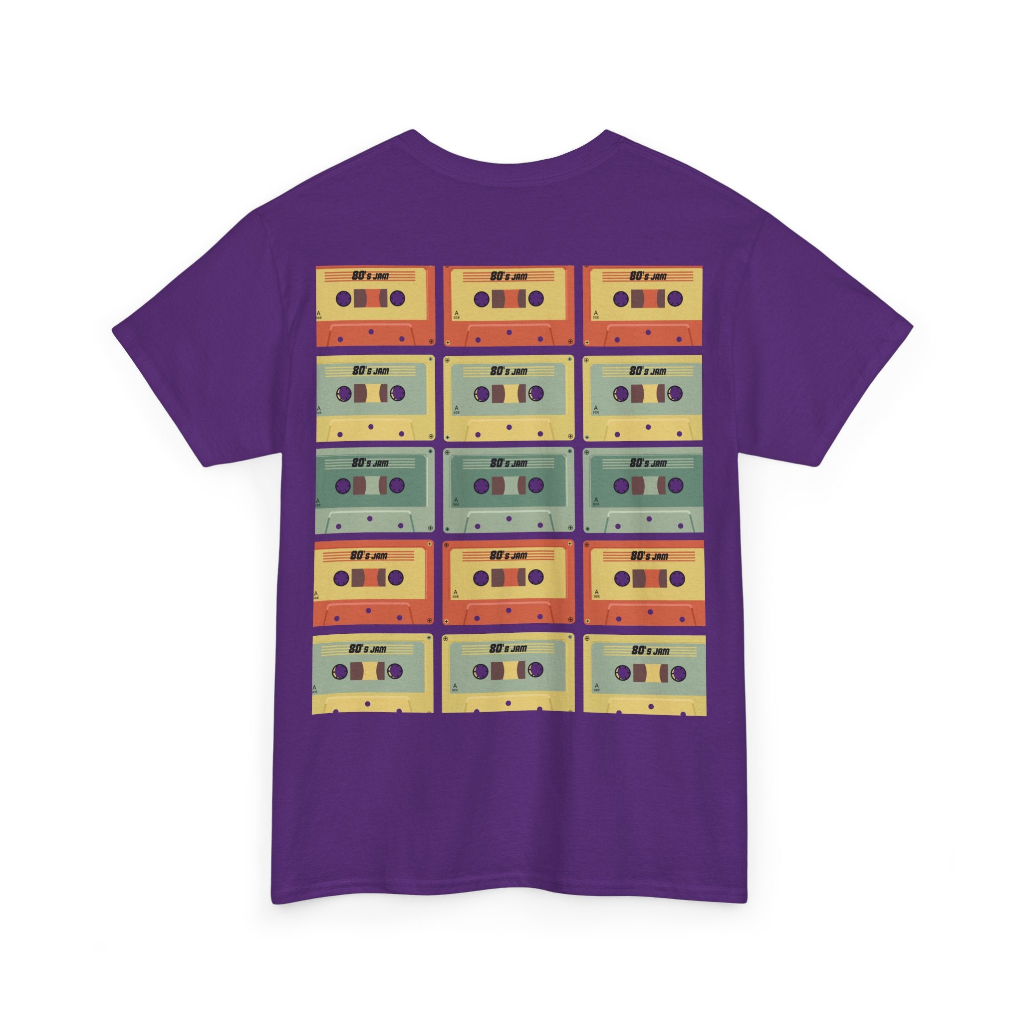 80's Jam Cassette Tape T-shirt featuring colorful cassette designs on a purple background.
