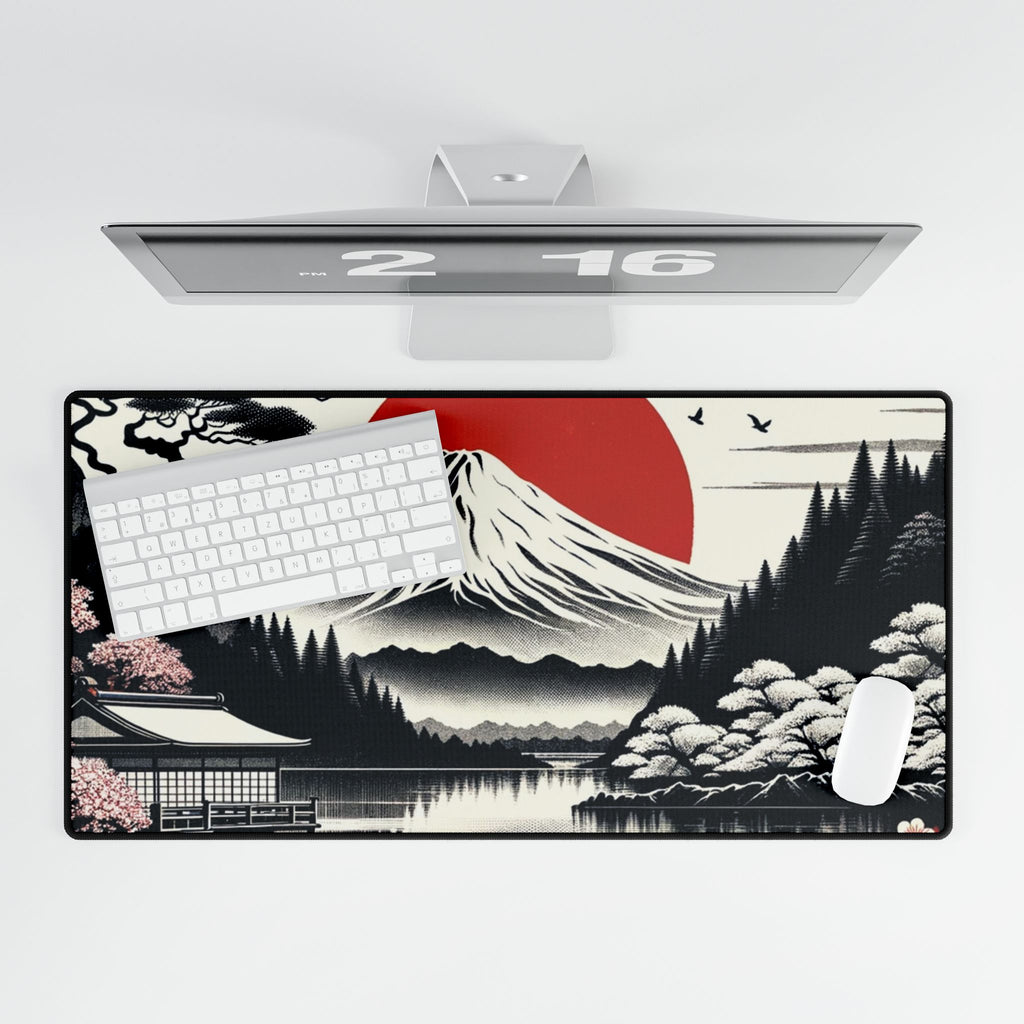 Desk setup with a large desk mat featuring a mountain design, keyboard, and mouse.