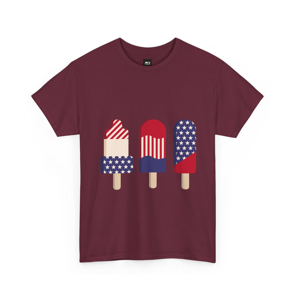 Maroon t-shirt with patriotic popsicle design on a white background