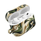 Wireless earbuds in a camouflage-patterned case on a white background