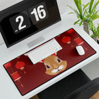 Desk setup with a large mouse pad featuring a cartoon deer, keyboard, and mouse on a desk.