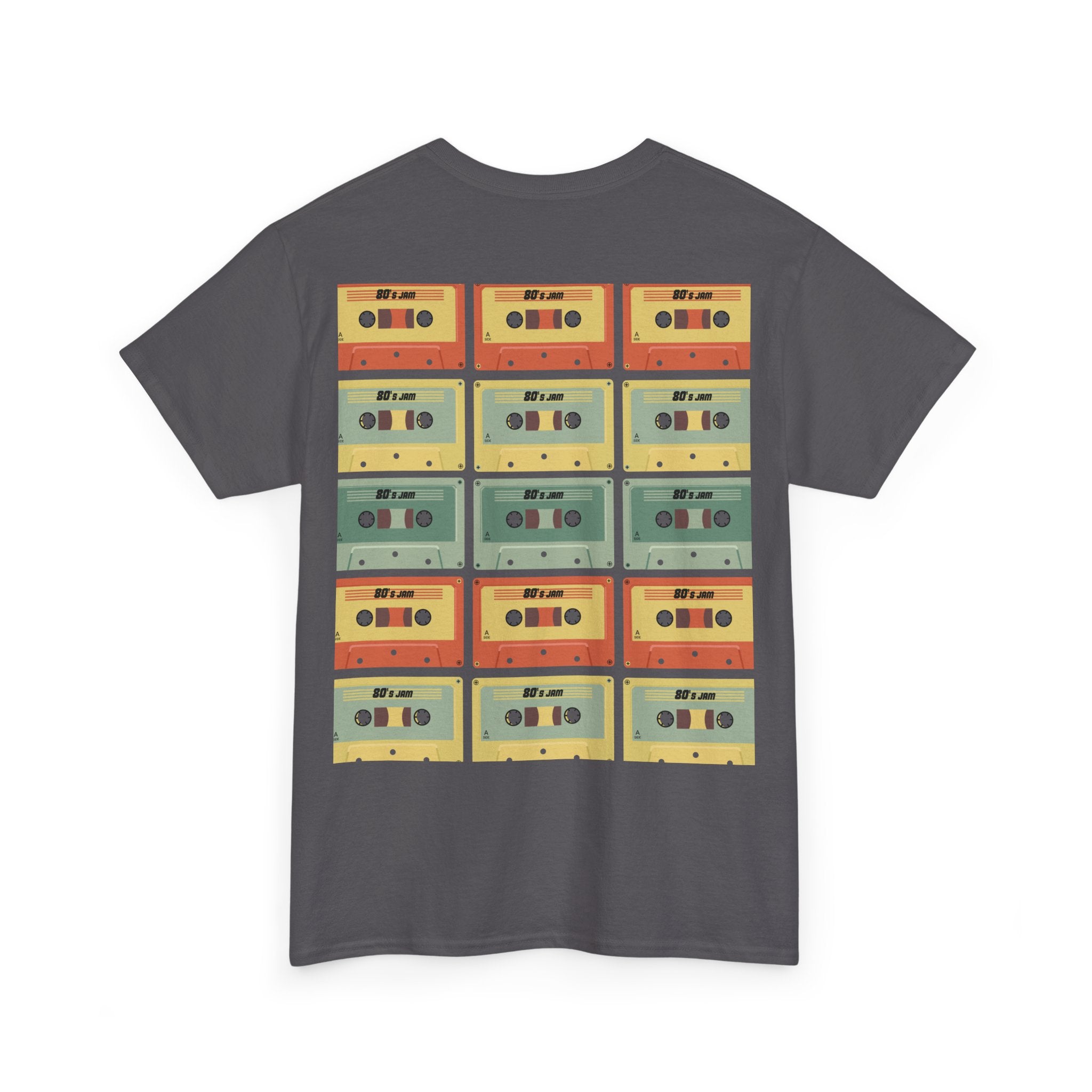 80's Jam Cassette Tape T-shirt featuring a colorful cassette design on the back.