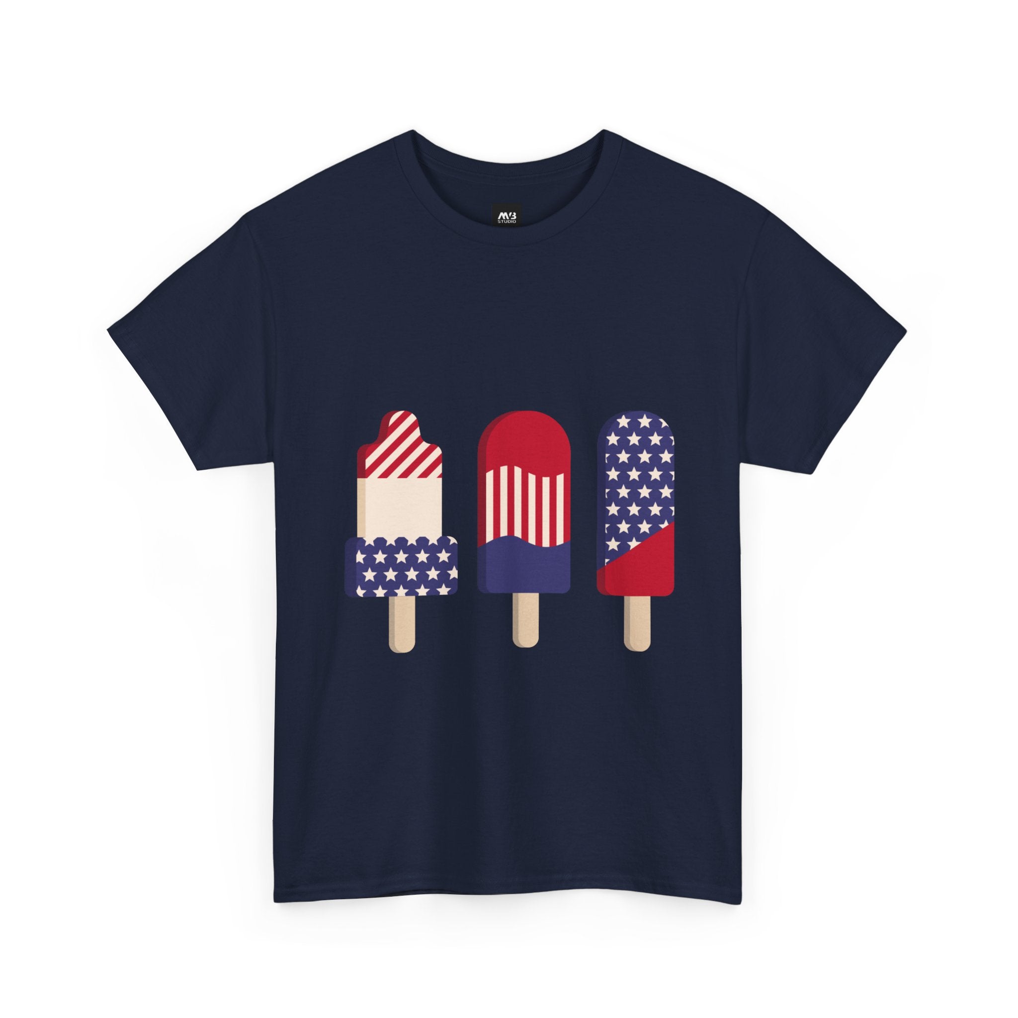 Navy blue t-shirt with patriotic popsicle design on a white background