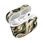Camouflage-patterned wireless earbuds case with white earbuds on a white background