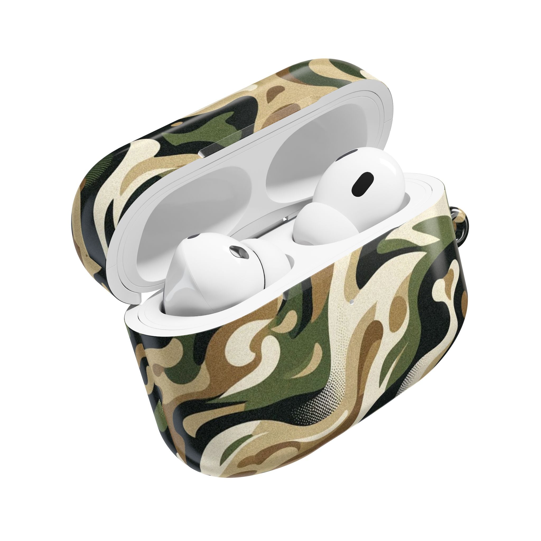 Camouflage-patterned wireless earbuds case with white earbuds on a white background