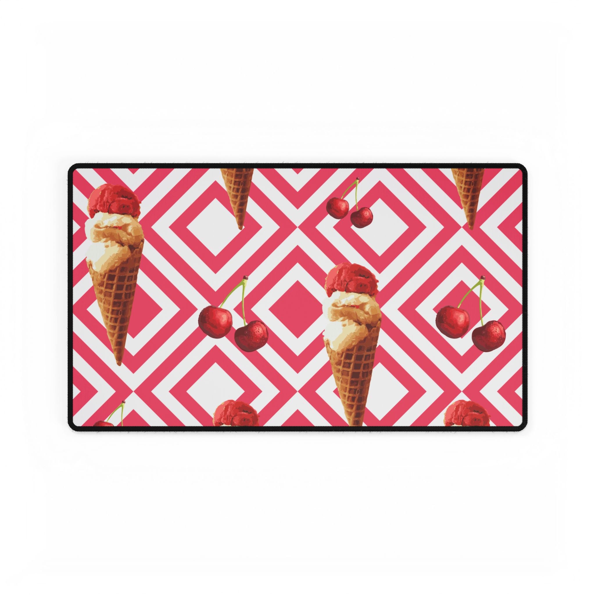Cherry Ice Cream Pattern Desk Mat - Pink Geometric Gaming/Office Mouse Pad