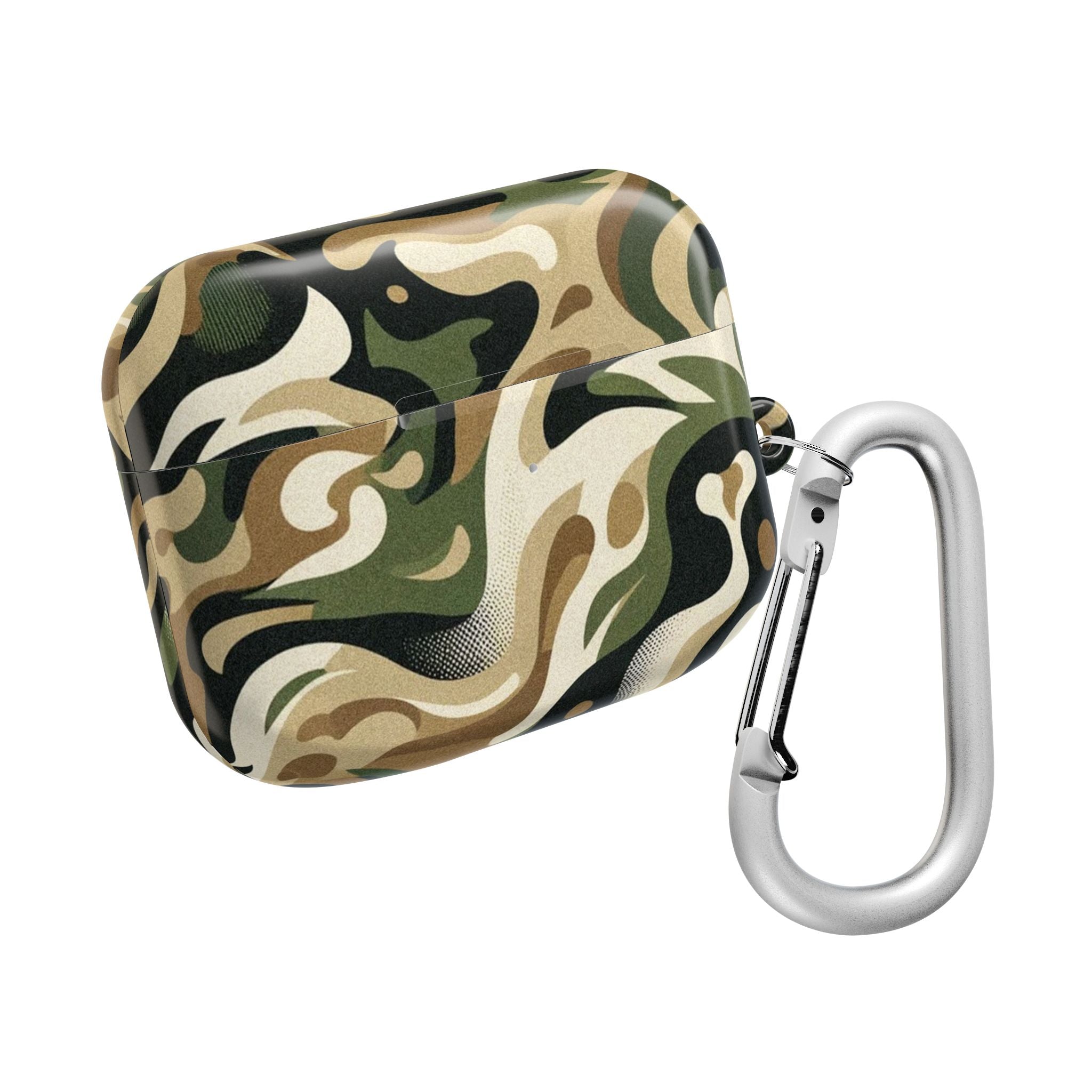 Camouflage-patterned case with a carabiner on a white background