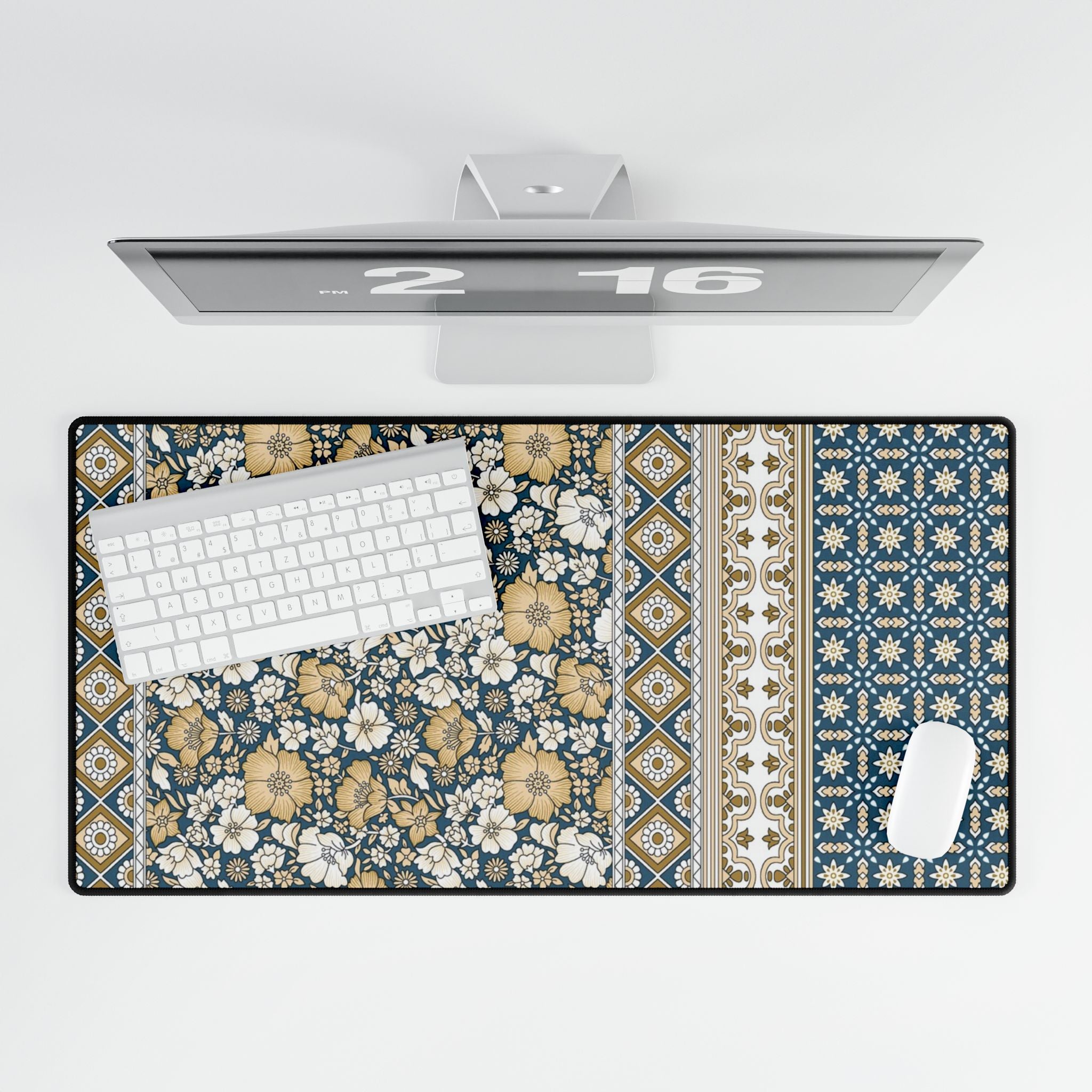 Vintage Floral Patchwork Desk Mat - Blue & Mustard Mousepad Desk Pad