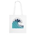 White tote bag with a blue wave design on a white background
