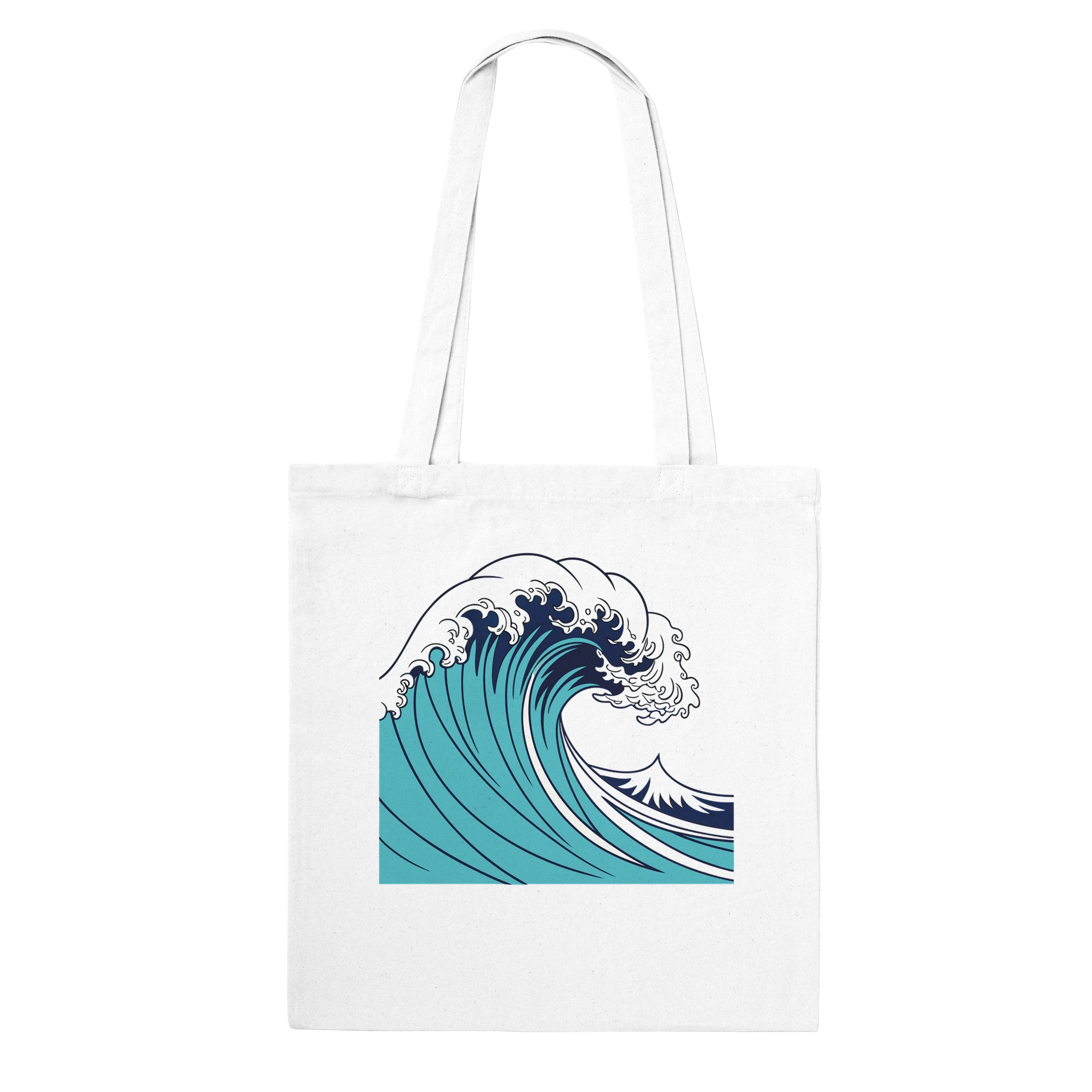 White tote bag with a blue wave design on a white background