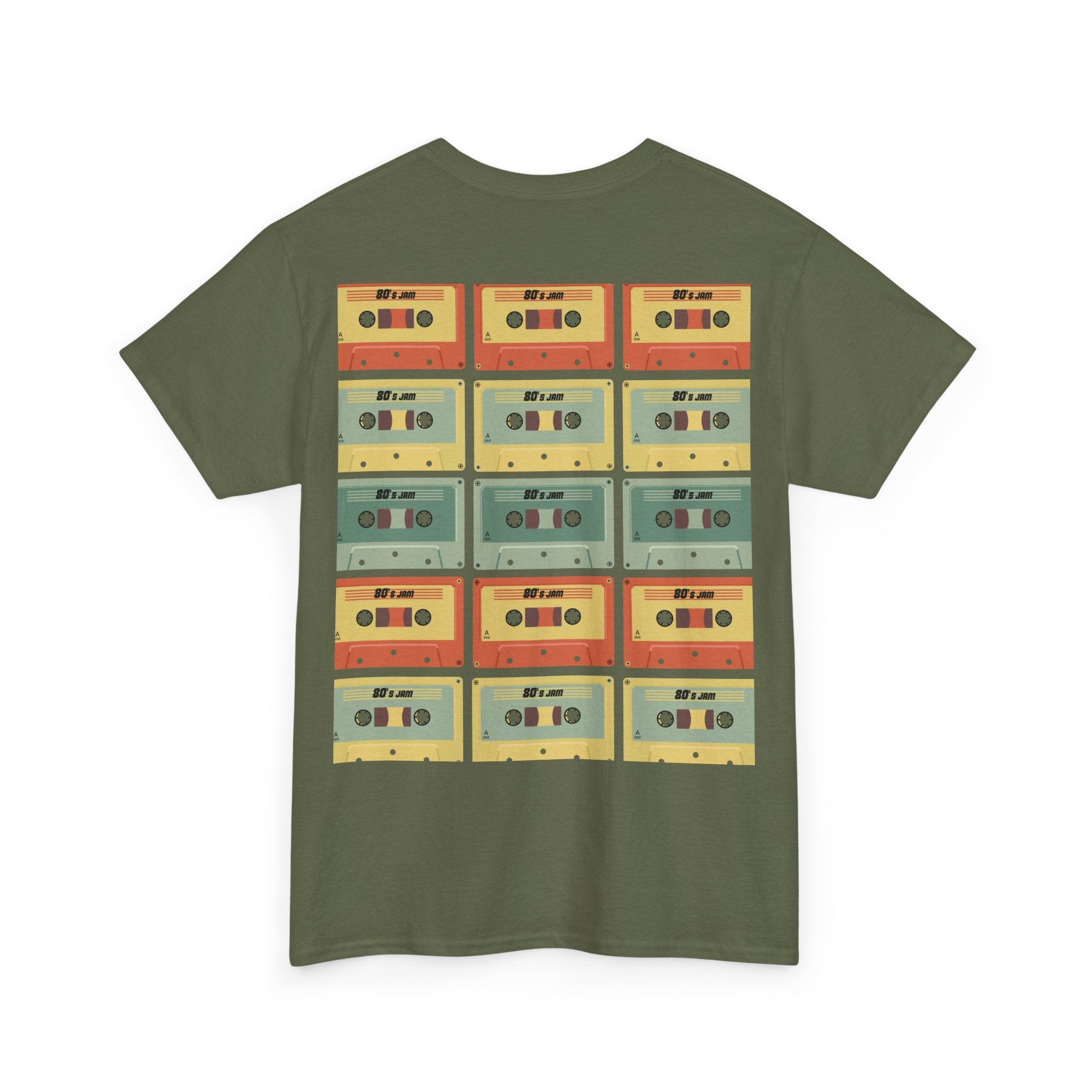80's Jam Cassette Tape T-shirt featuring a colorful cassette tape design on the back.
