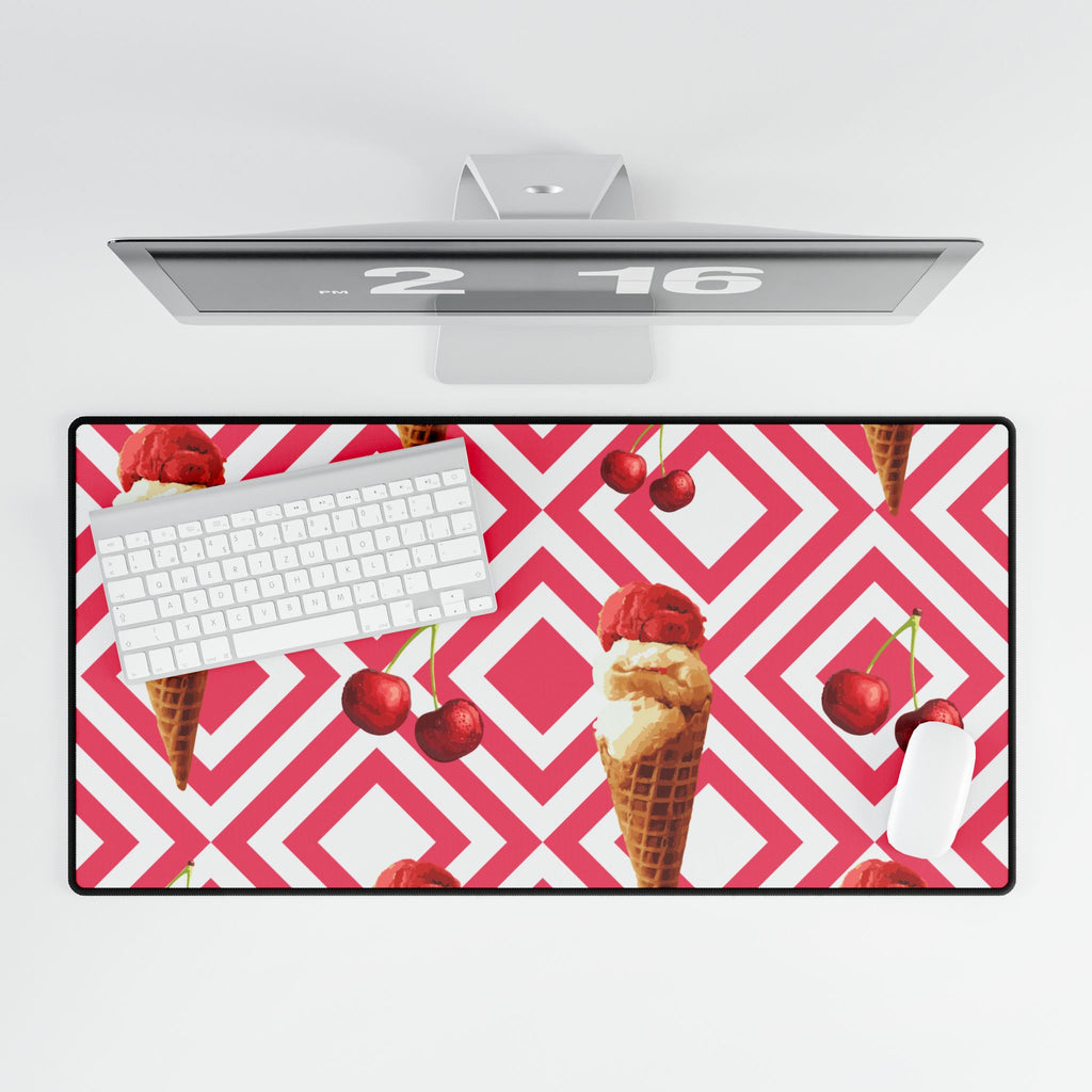 Cherry Ice Cream Pattern Desk Mat - Pink Geometric Gaming/Office Mouse Pad