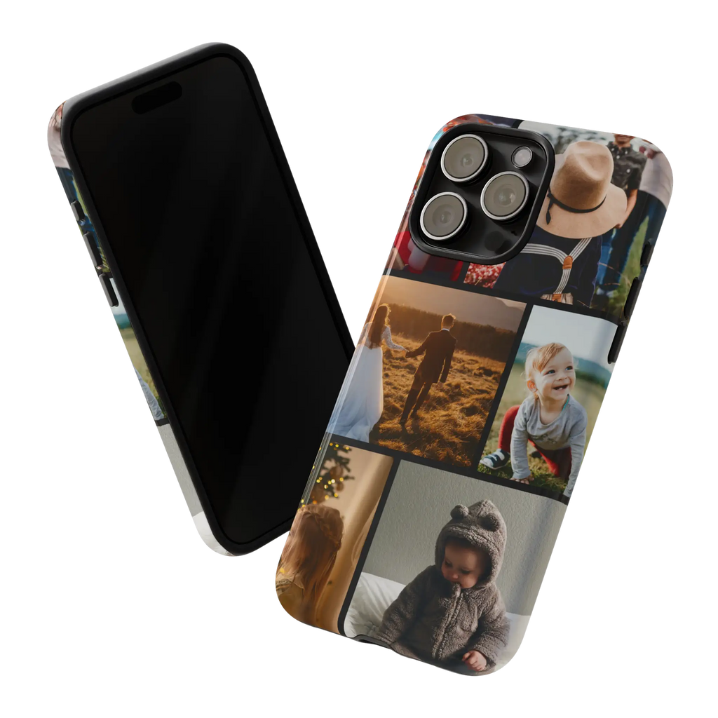 Phone case for iPhone 15 Pro Max with multiple photo collage designs on a white background