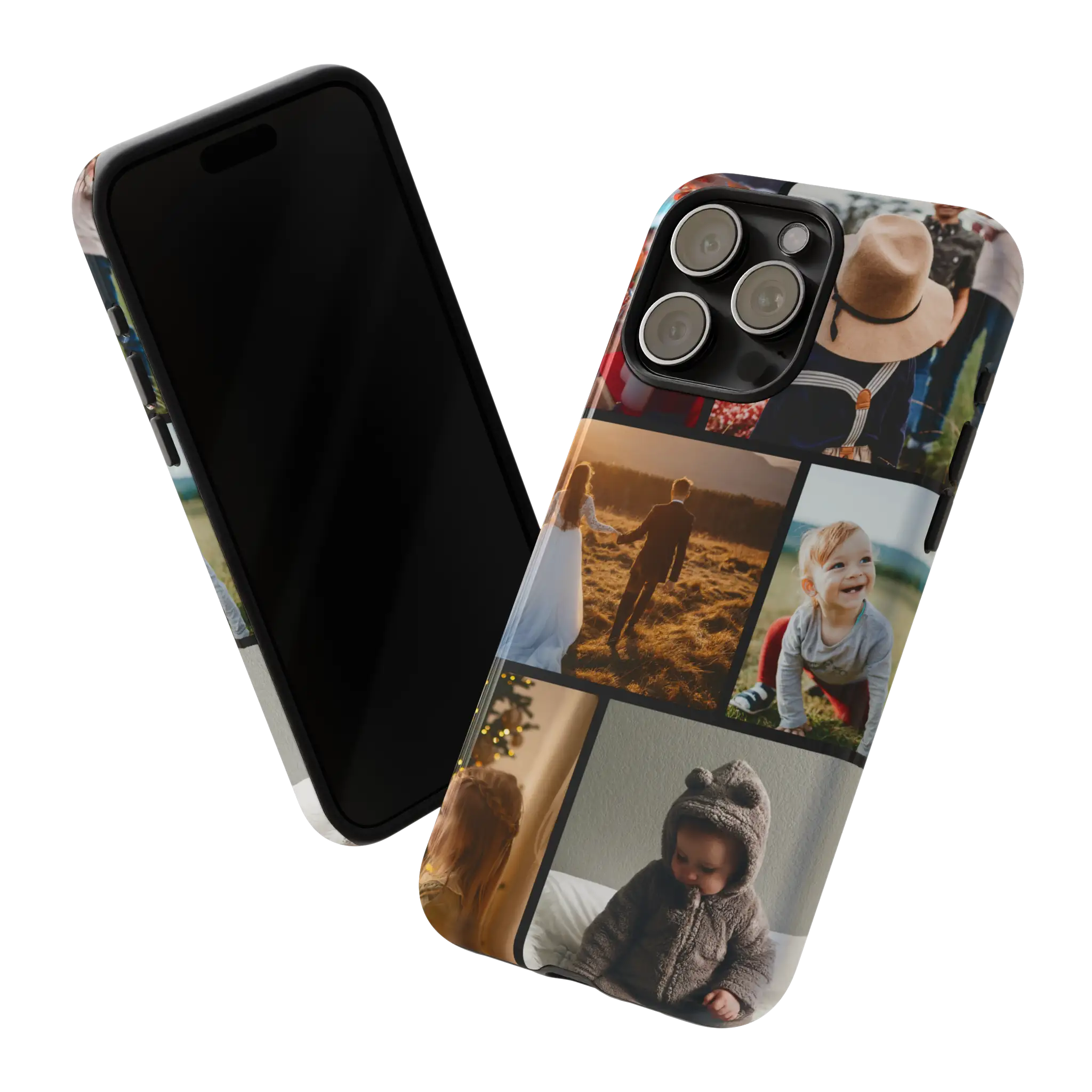 Phone case for iPhone 15 Pro Max with multiple photo collage designs on a white background
