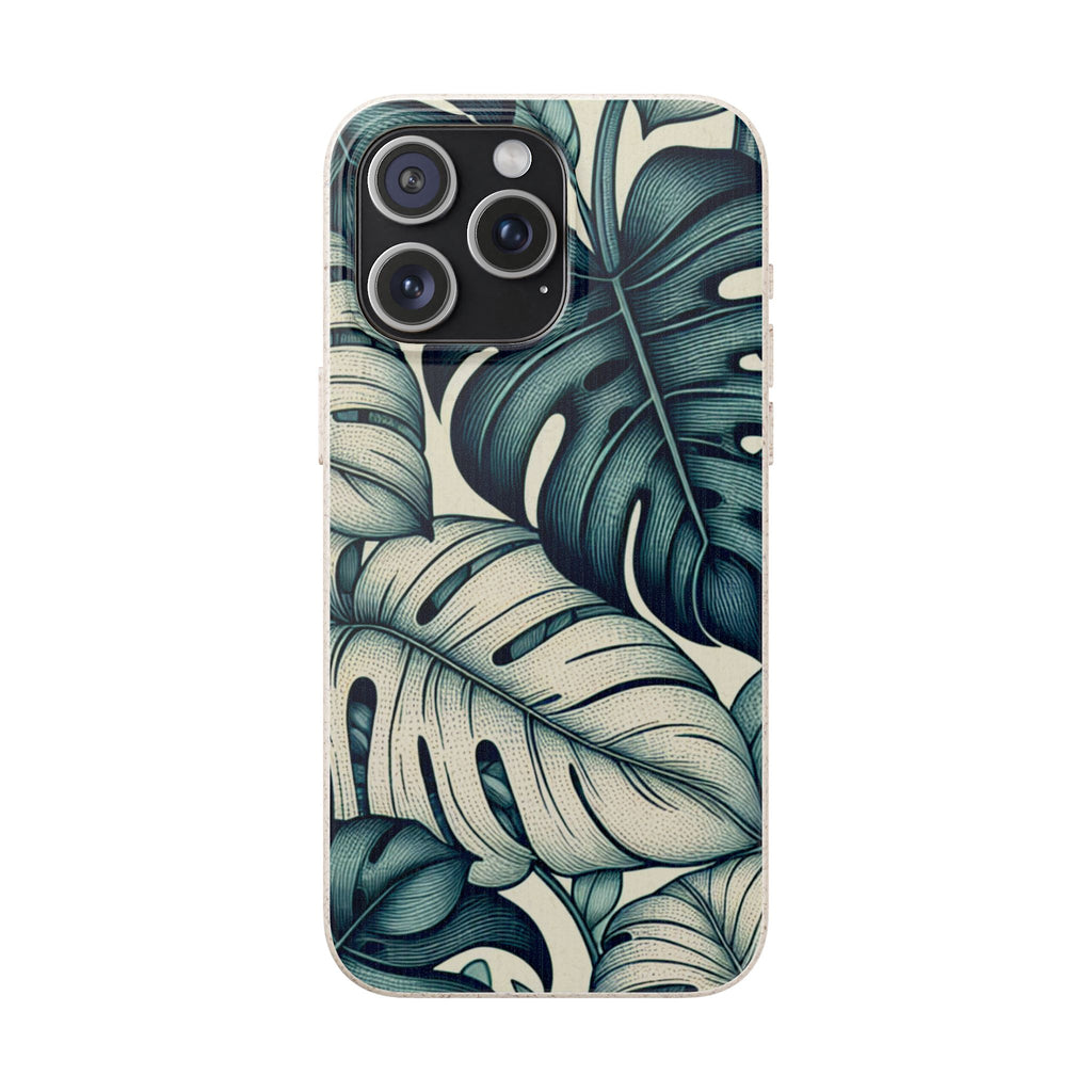 A full, straight-on view of an iPhone in a beige, speckled case with a teal and blue monstera leaf pattern. The case covers the entire back of the phone, and the triple camera lens cutout is visible in the top left corner.