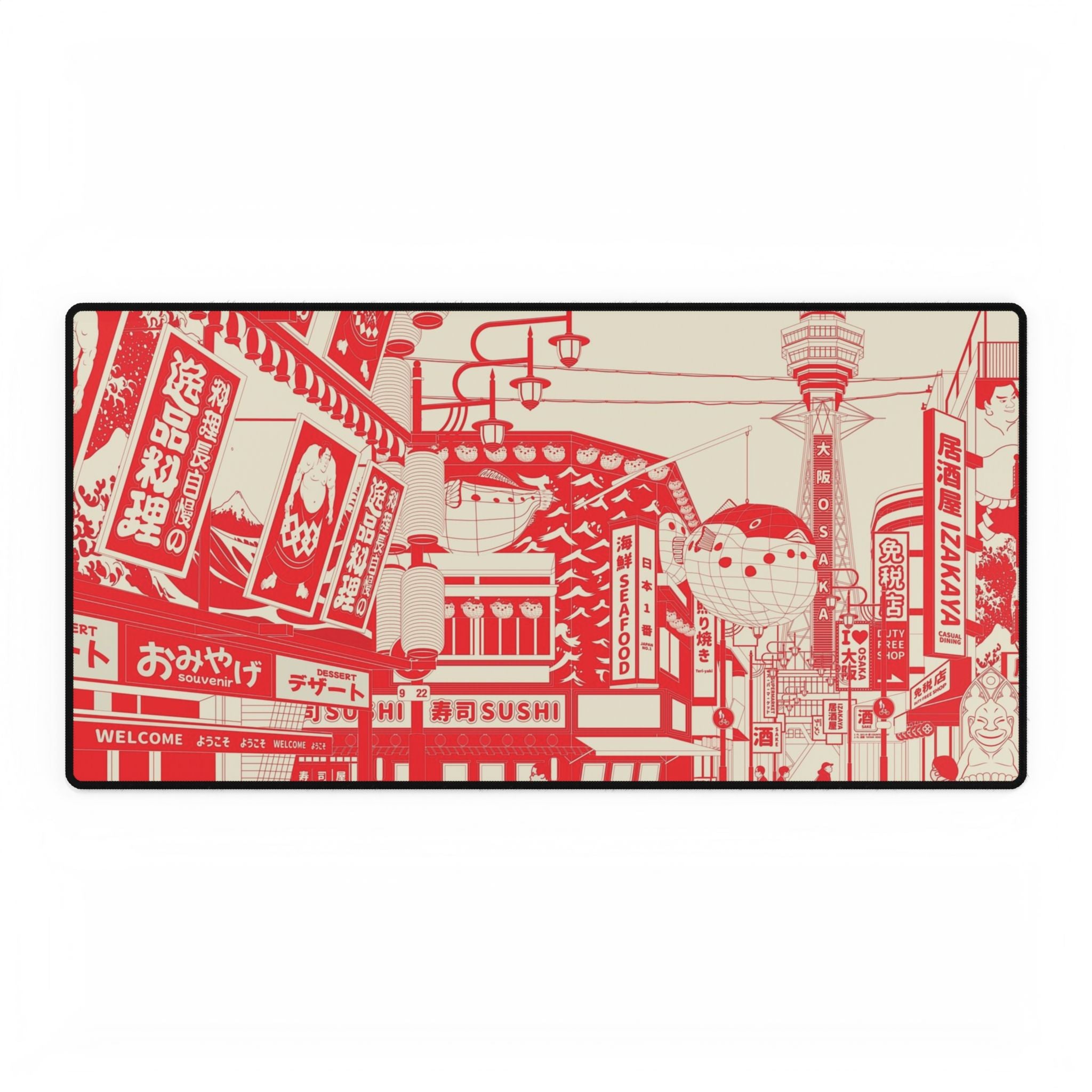 Japanese Cityscape Desk Mat - Red Osaka Street Scene Mouse Pad