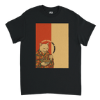 Cat wearing a Japanese kimono eating ramen printed on a black t-shirt