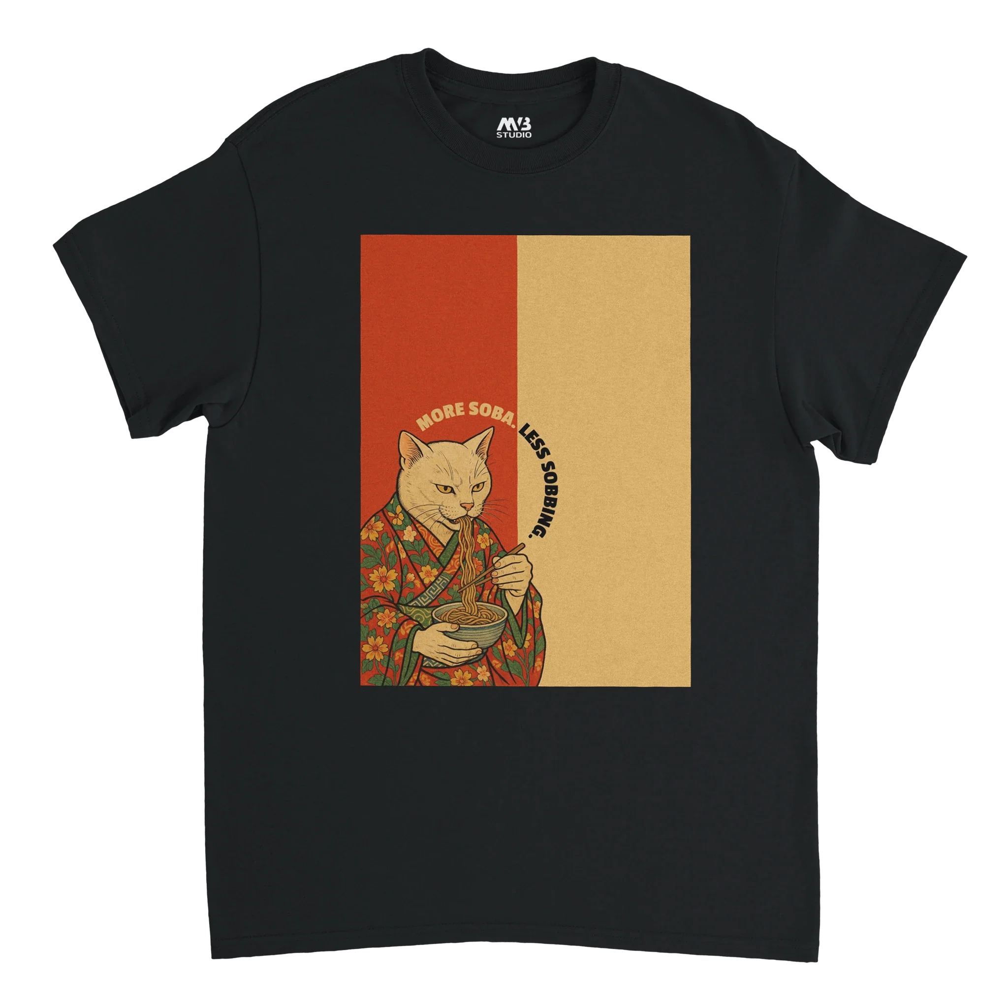 Cat wearing a Japanese kimono eating ramen printed on a black t-shirt