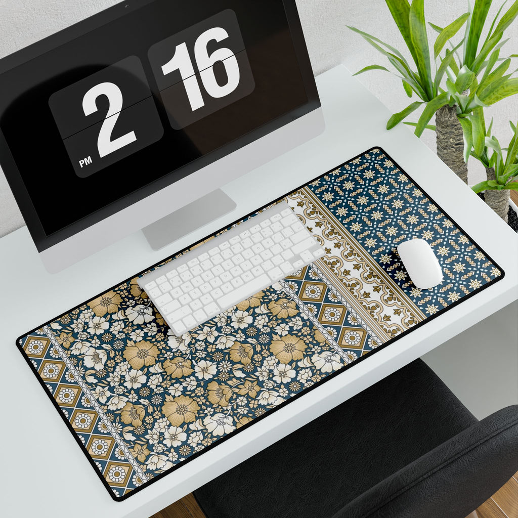 Vintage Floral Patchwork Desk Mat - Blue & Mustard Mousepad Desk Pad - MVB STUDIO STORE