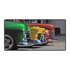 Three colorful classic cars parked in a row on a white background mouse mat