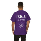 Person wearing a purple t-shirt with 'IKIGAI' printed on the back against a white background