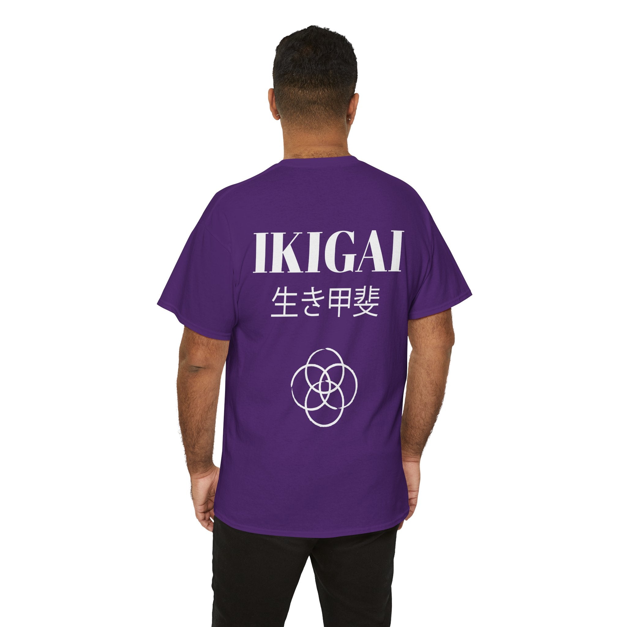 Person wearing a purple t-shirt with 'IKIGAI' printed on the back against a white background