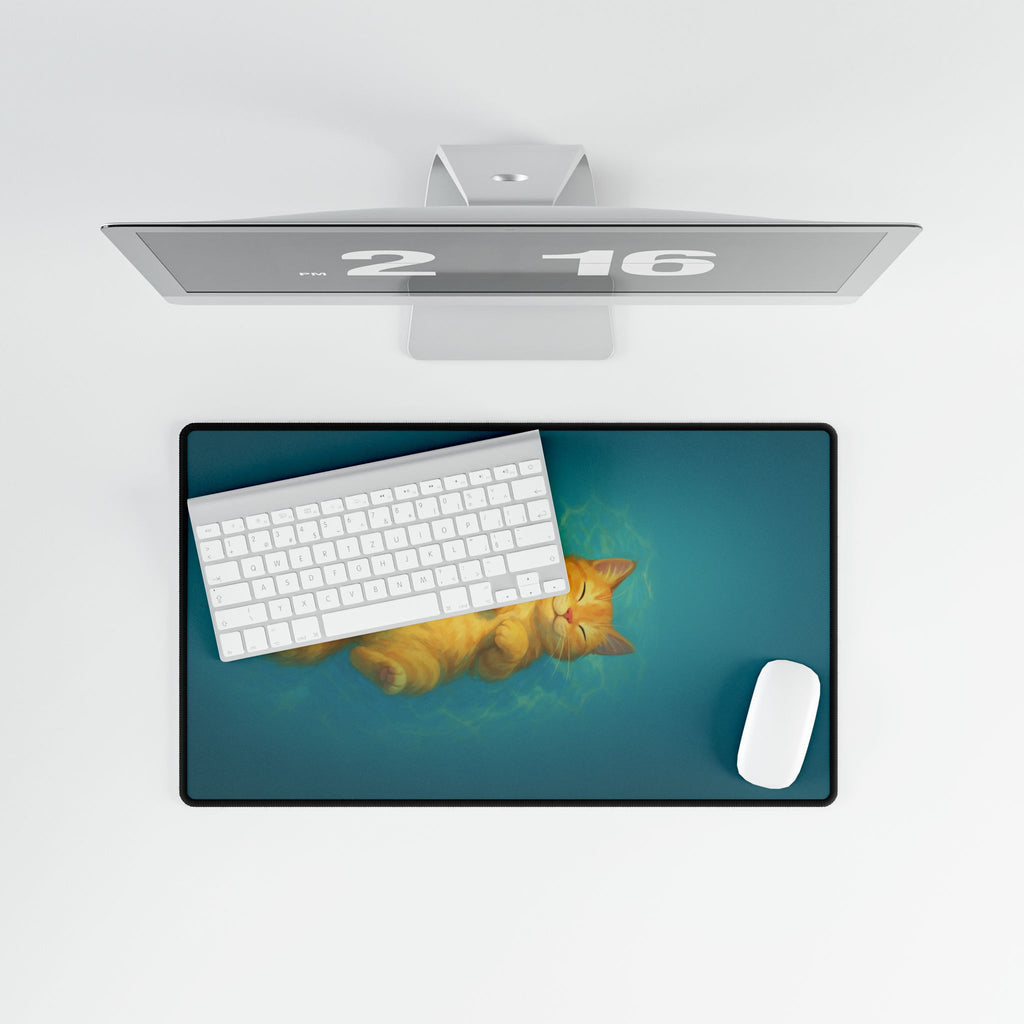 Desk mat with a design of a cat, keyboard, and mouse on a teal background