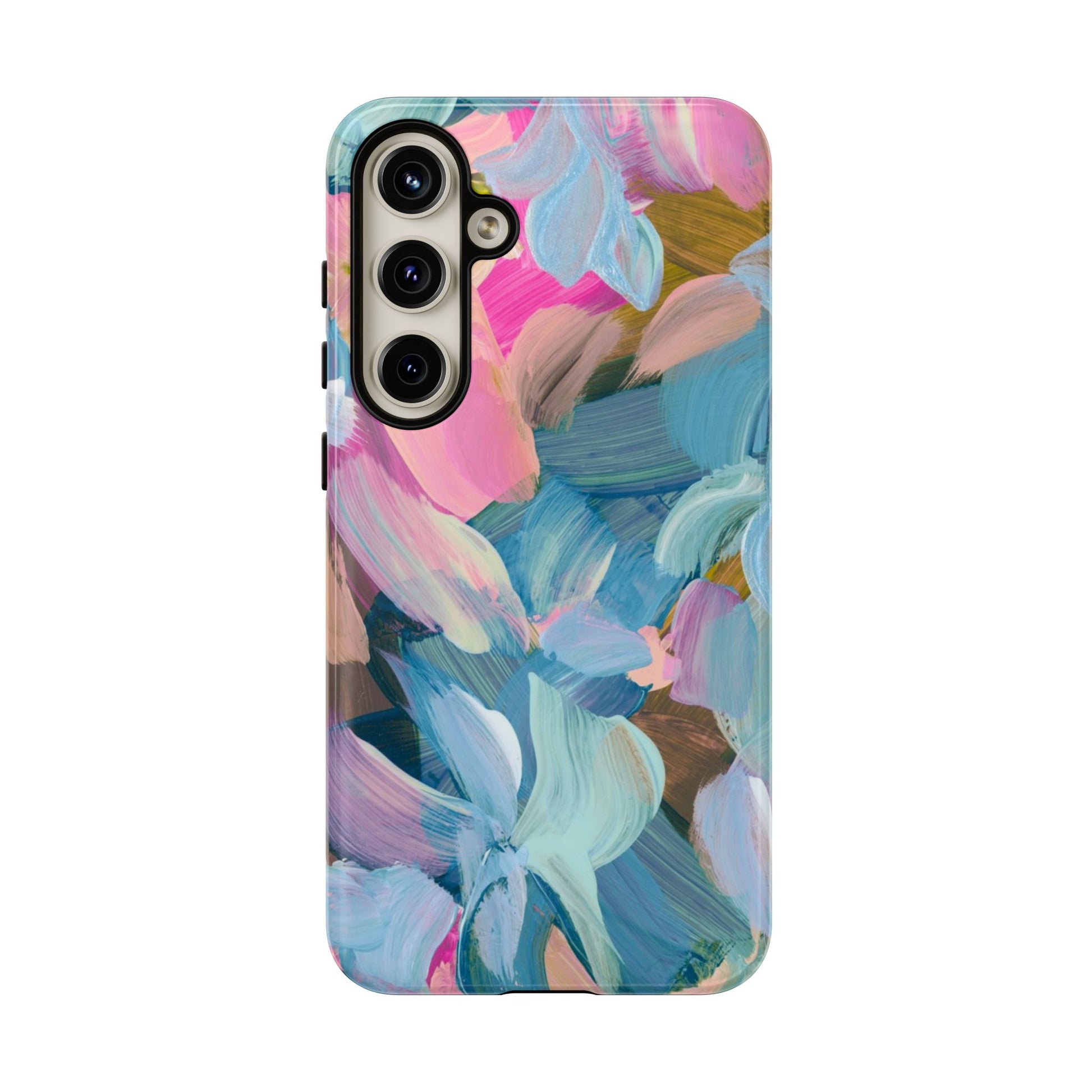 Abstract floral painting Samsung phone case featuring vibrant blue, pink, and green brush strokes for artistic style.