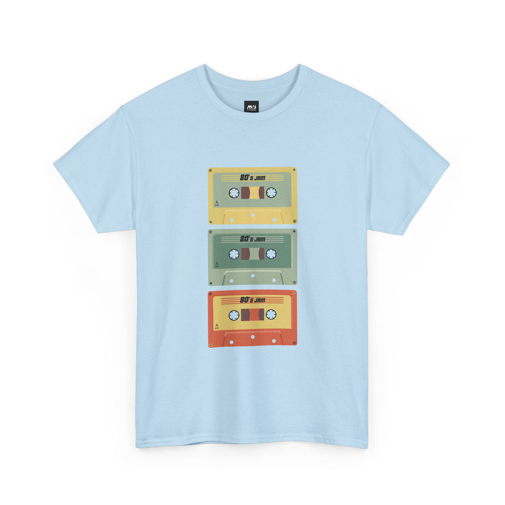 80's Jam Cassette Tape T-shirt featuring colorful cassette graphics on a light blue background.