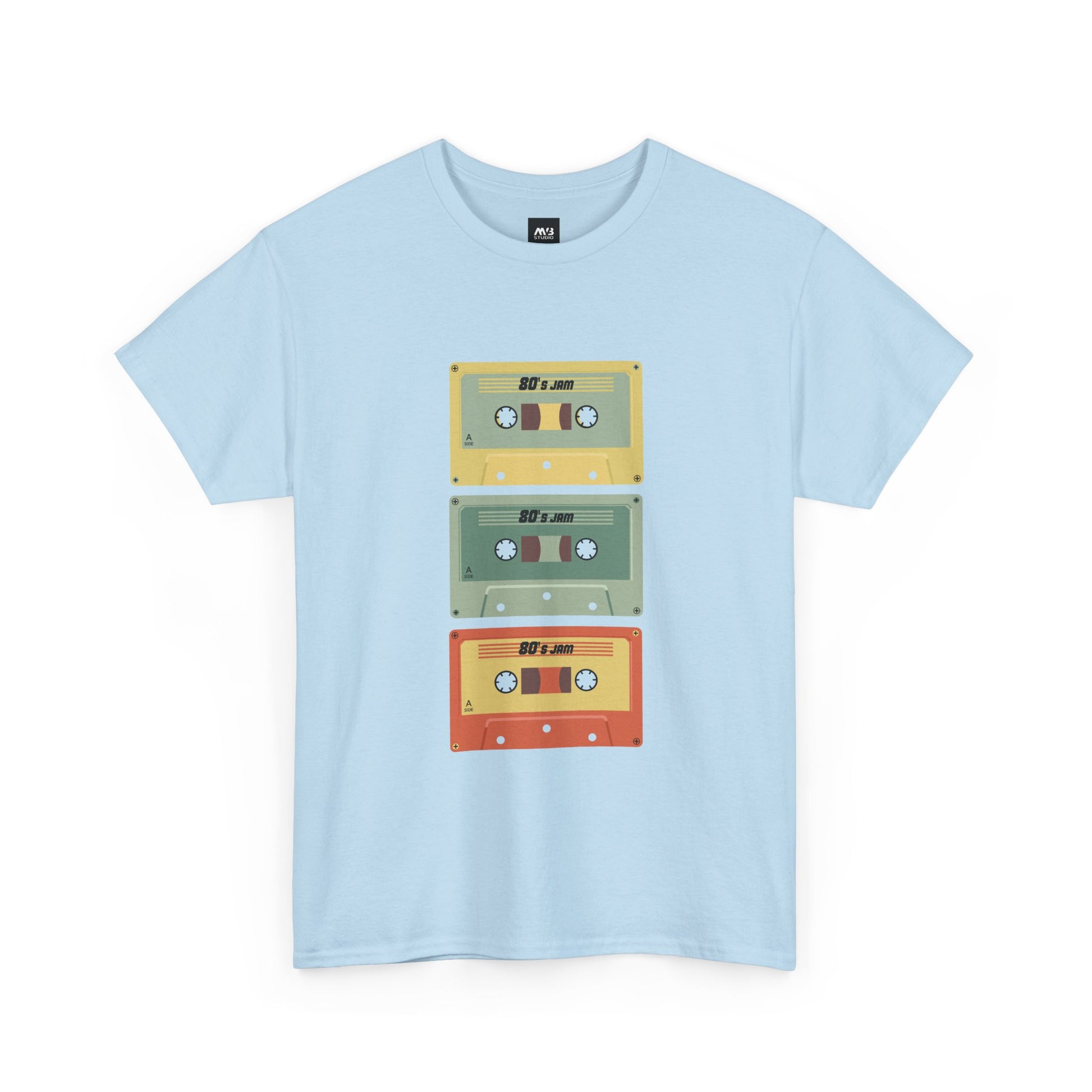 80's Jam Cassette Tape T-shirt featuring colorful cassette graphics on a light blue background.