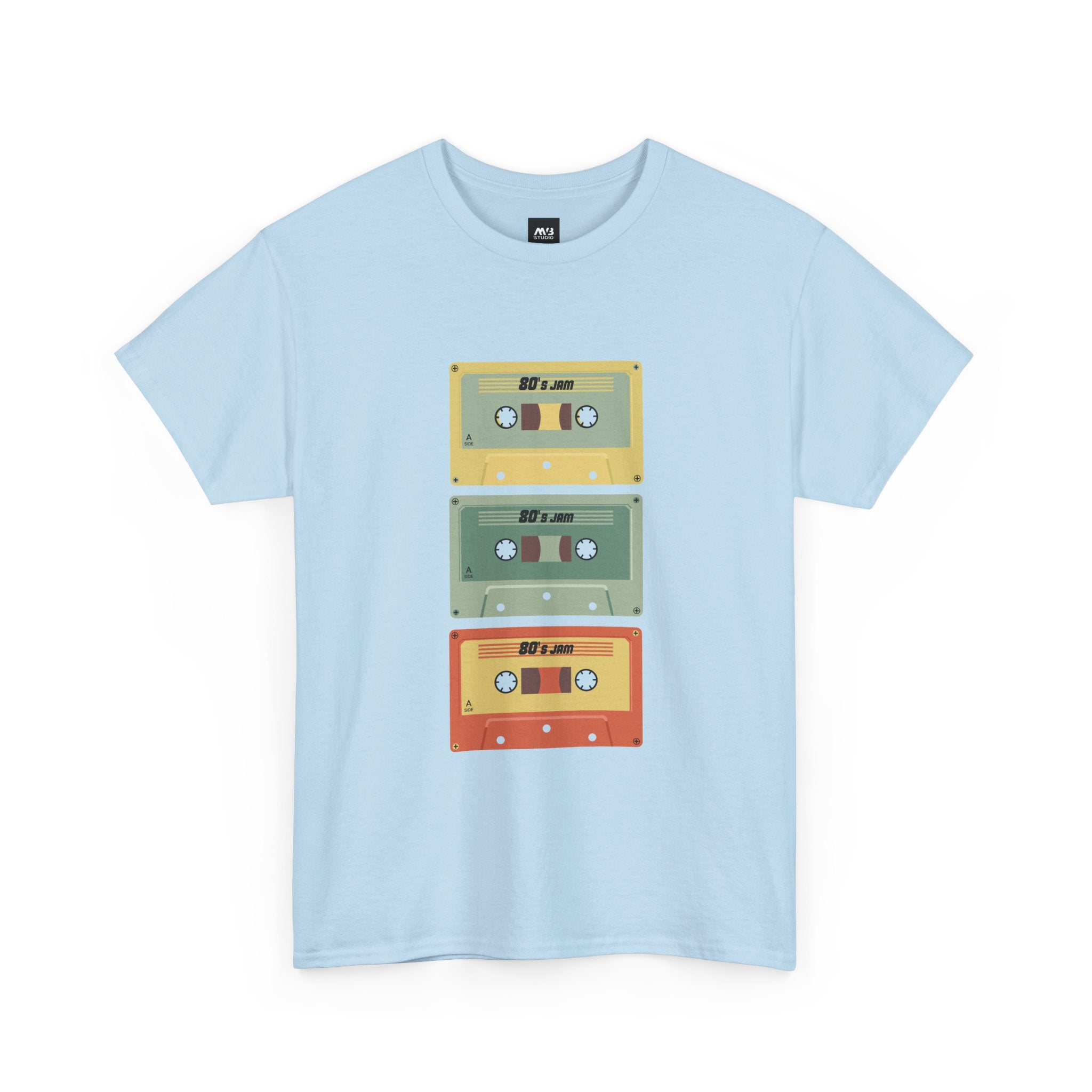 80's Jam Cassette Tape T-shirt featuring colorful cassette graphics on a light blue background.