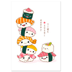 Cute illustrated sushi characters stacked into a playful tower, with smiling faces and the text “Happy Sushi Time” on a white background.