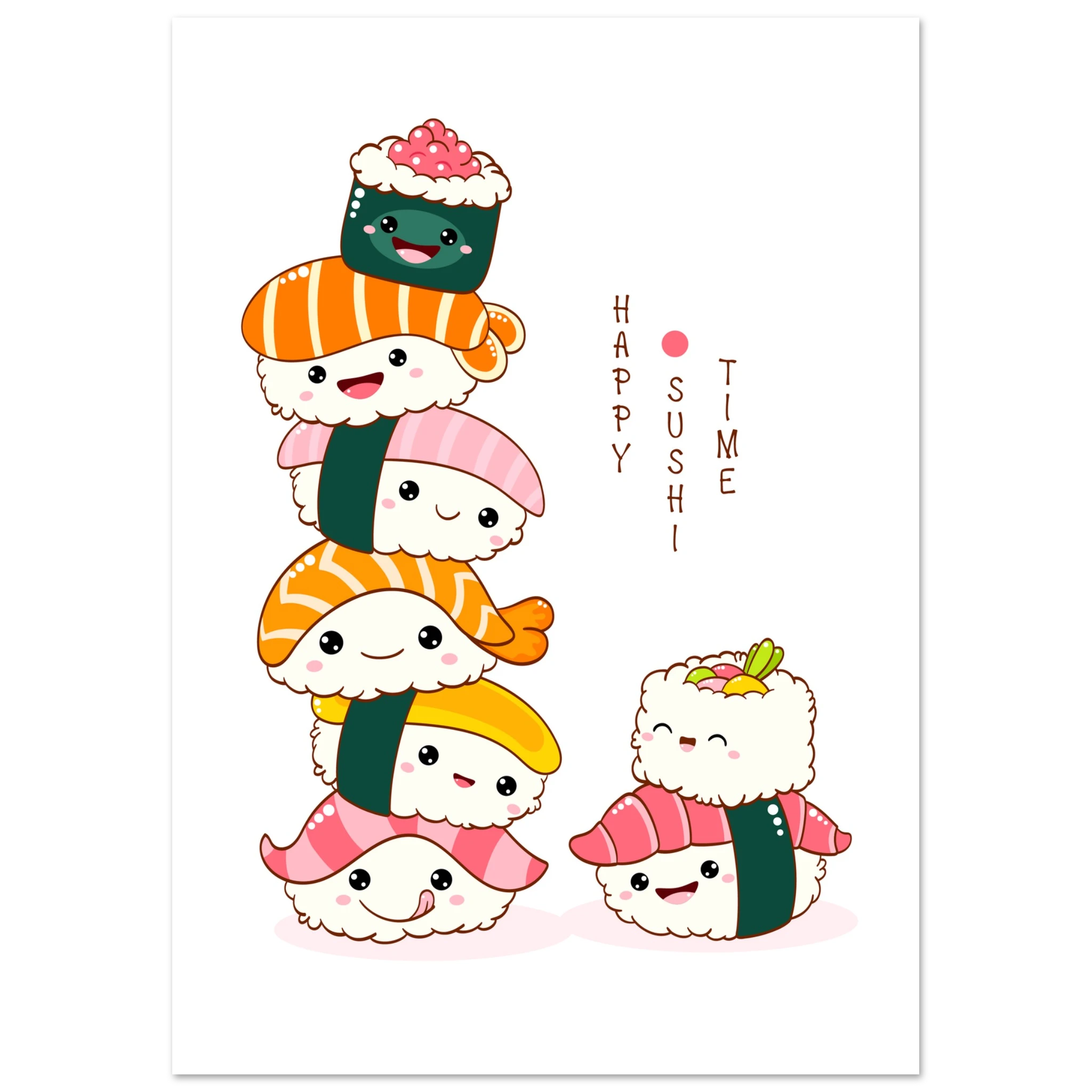 Cute illustrated sushi characters stacked into a playful tower, with smiling faces and the text “Happy Sushi Time” on a white background.