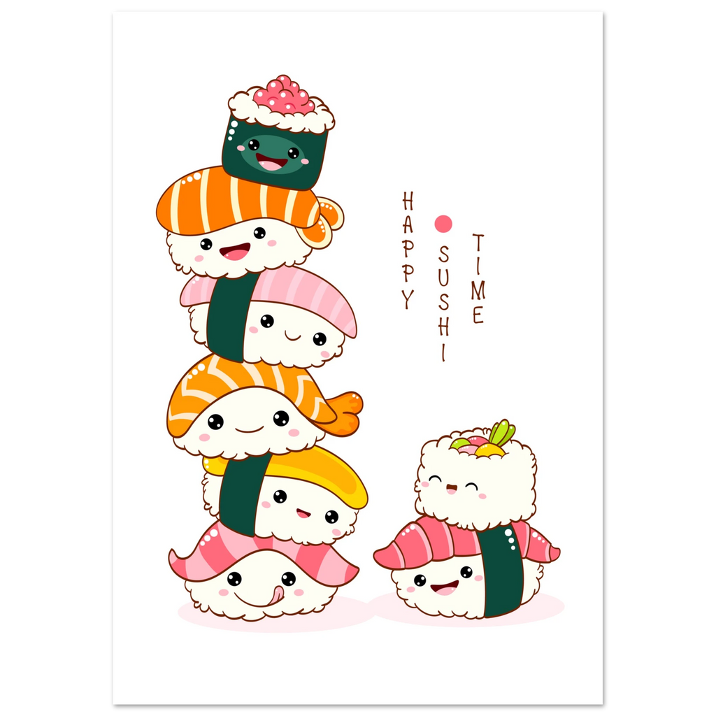 Cute illustrated sushi characters stacked into a playful tower, with smiling faces and the text “Happy Sushi Time” on a white background.
